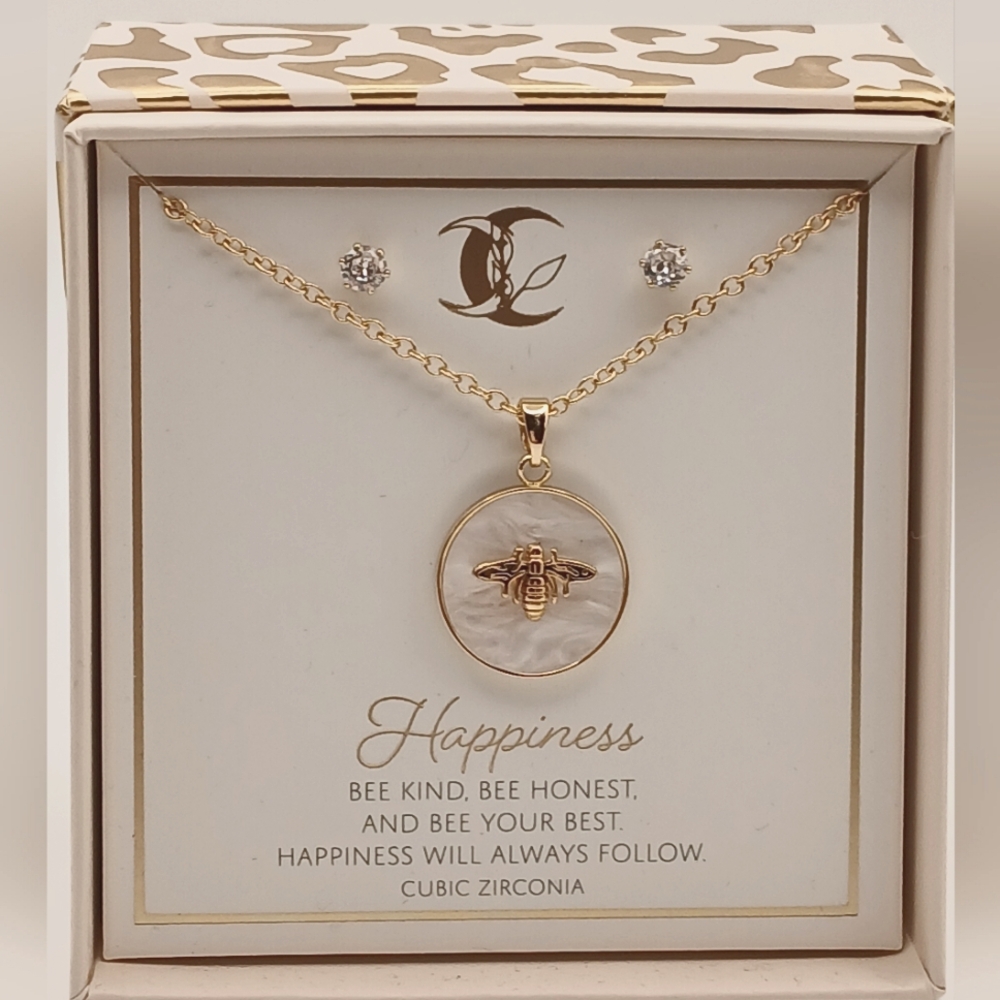 Gallery Gold and White Bee Necklace and Earring Set